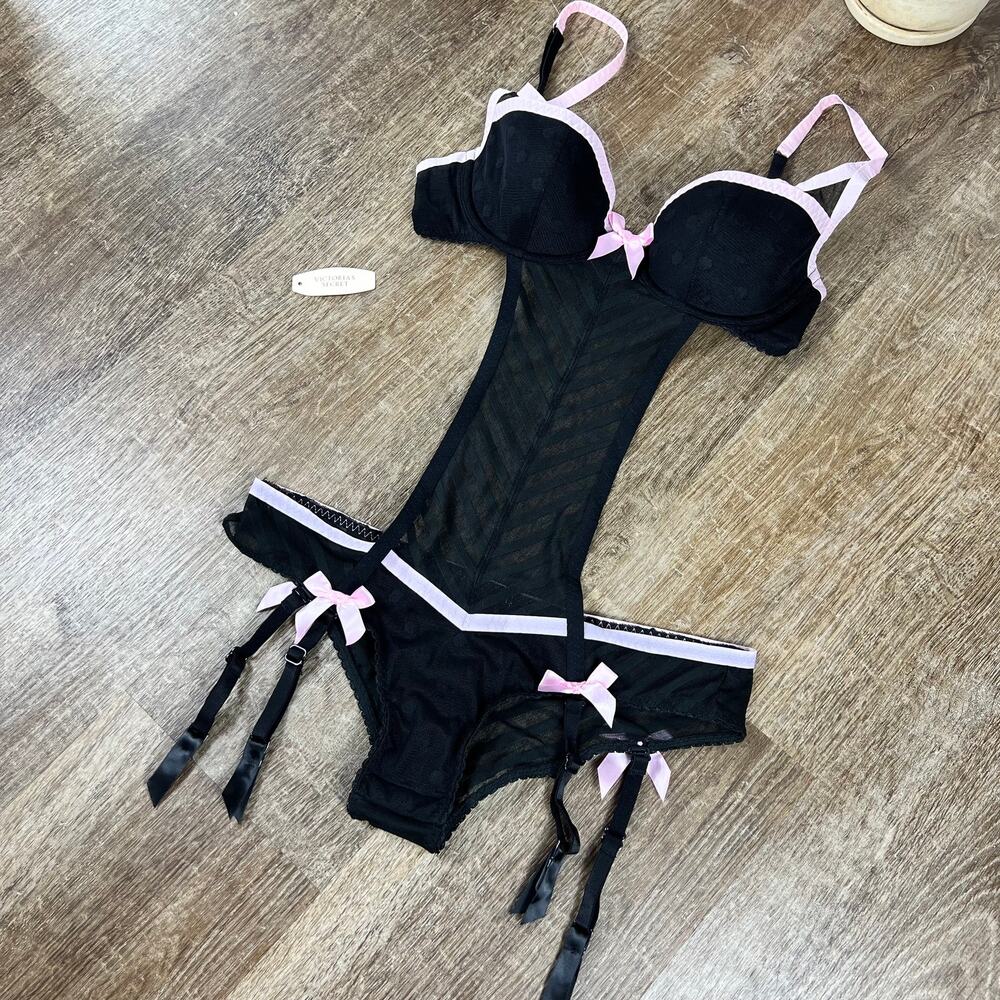 Y2K NEW Victorias Secret Sexy Little Things Vintage garter teddy Black pink dot - Picture 2 of 9